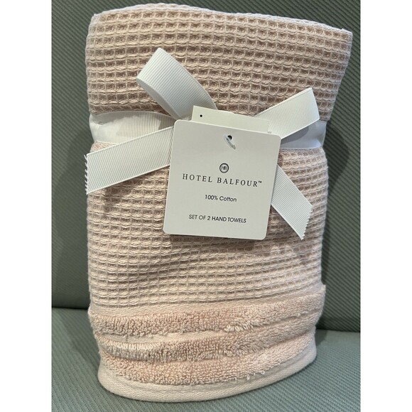 HOTEL BALFOUR Bath Hand Towels 100% Cotton Pink Blush Textured SET OF TWO New - Picture 7 of 7